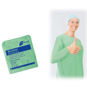 BeeSana Schutzkittel aus PP, zum binden, grün, 110x140cm, Lange Ärmel mit Gummizug, P=10 Stück