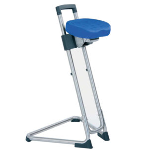 Stehhilfe die Standhafte in Edelstahl, stabiler Stehstuhl mit blauem Drehsitz, vom TÜV Rheinland für die Lebensmittelindustrie zugelassen