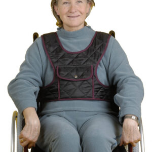 Auxilia Fixierweste mit Tasche, Stabilisierung des Oberkörpers im Rollstuhl, Steckverschlusssystem verbindet 3 Bänder miteinander: 2 über den Schultern und 1 um die Taille herum