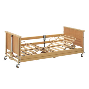 Burmeier Dali Low Entry Pflegebett, Niedrige Einstiegshöhe von 22cm, 24V-Sicherheits-Technik,  mit Holzumrandung, Holz-Liegefläche 4-geteilt, Fernbedienung