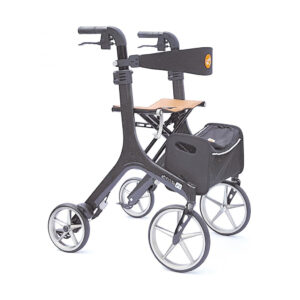 Rollator Carbon F1 mit Echt-Leder Sitz und Einkaufstasche, Größe S, inkl. Rückengurt, faltbar, Designräder, bis 130 kg belastbar, nur 5,9 kg (ohne Zubehör)