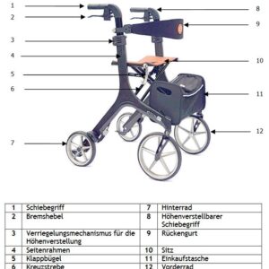 Rollator Carbon F1 mit Echt-Leder Sitz und Einkaufstasche, Größe M, inkl. Rückengurt, faltbar, Designräder, bis 130 kg belastbar, nur 5,9kg (ohne Zubehör) (#14814)