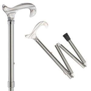 Faltbarer Leichtmetallstock metallic grau mit Derbygriff aus Acryl in silber/weiß