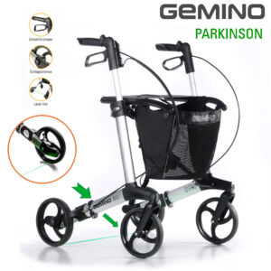 Gemino 30 Parkinson M Rollator mit Umkehrbremssystem (der Rollator hält sofort an, sobald die Bremse losgelassen wird), Laserlicht aktivierbar (wirkt dem Freezing entgegen), Verlangsamungsbremse, Saphirblau, bis 130kg