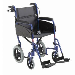 Invacare Alu Lite Reise-Rollstuhl, Basis-Transitrollstuhl aus Aluminium, Bremse für Begleitperson, faltbarer Rücken, schwenkbare Fußstützen, faltbarer Kreuzrahmen, Beckengurt, bis 100kg (#2813)