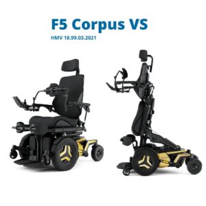 Elektrischer Rollstuhl F5 Corpus VS HMV, (Facelift) elektrischer Stehvorrichtung, Sitzhöhen-, Rückenlehnen- und Beinstützenwinkelverstellung, Joystick mit 3,5“ Farbdisplay (#1236048)