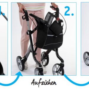 XEON CARBON Rollator Exklusiv (L), Ultra Leichtgewichts Rollator, Gehwagen mit bequemer Sitzhöhe 63cm, Griffhöhe 80-100cm, mit nur 4,9 kg einer der leichtesten Leichtgewicht-Rollatoren, inkl. Stockhalter, bis 150kg