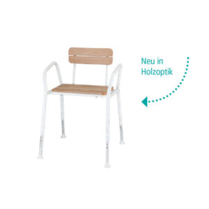 Duschstuhl HOD-2 mit Holzoptik, Aluminium/PS-Kunststoff, breite Sitzfläche 47x29cm, mit Arm -und Rückenlehne, höhenverstellbar 80–90cm, bis 136kg