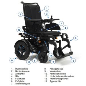 Vermeiren Turios KOMFORT Elektro-Rollstuhl, Konfigurationsvariante, Polsterrücken und -sitz mit Soft Touch PU, Kopfstütze, Beinstütze höhenverstellbar (#1236120)