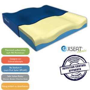 Xseat clinic, Anti-Dekubitus Sitzkissen, Bezug Bakterien- & Virendicht, Rollstuhlkissen thermisch aufbereitbar nach RKI-Richtlinien, Therapie bis Grad 4 (EPUAP), Visco-Schaum, anatomisch geformt, 20-120 kg