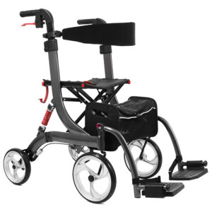 Bescomed Spring VARIO-M, Rollator + Rollstuhl, graphitgrau, 2in1, Alu Leichtgewichtsrollator, neue Serie, Gehwagen + Rollstuhl inkl. Beinstützen und Komfort-Rückengurt (#10186)