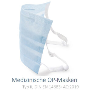 Medizinische OP-Masken, MNS Mundschutzmasken Typ II, DIN EN 14683+AC:2019, 3-lagig, Nasenbügel, Gummibänder, 50er Pack